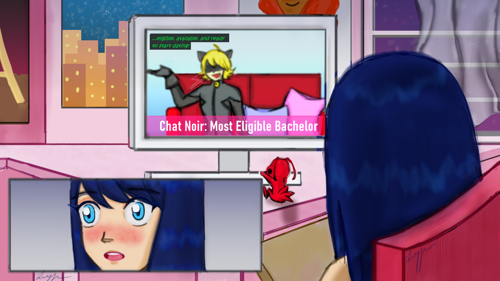 Marinette looks shocked to see Chat Noir on tv getting an award for Paris's Most Eligible Bachelor.