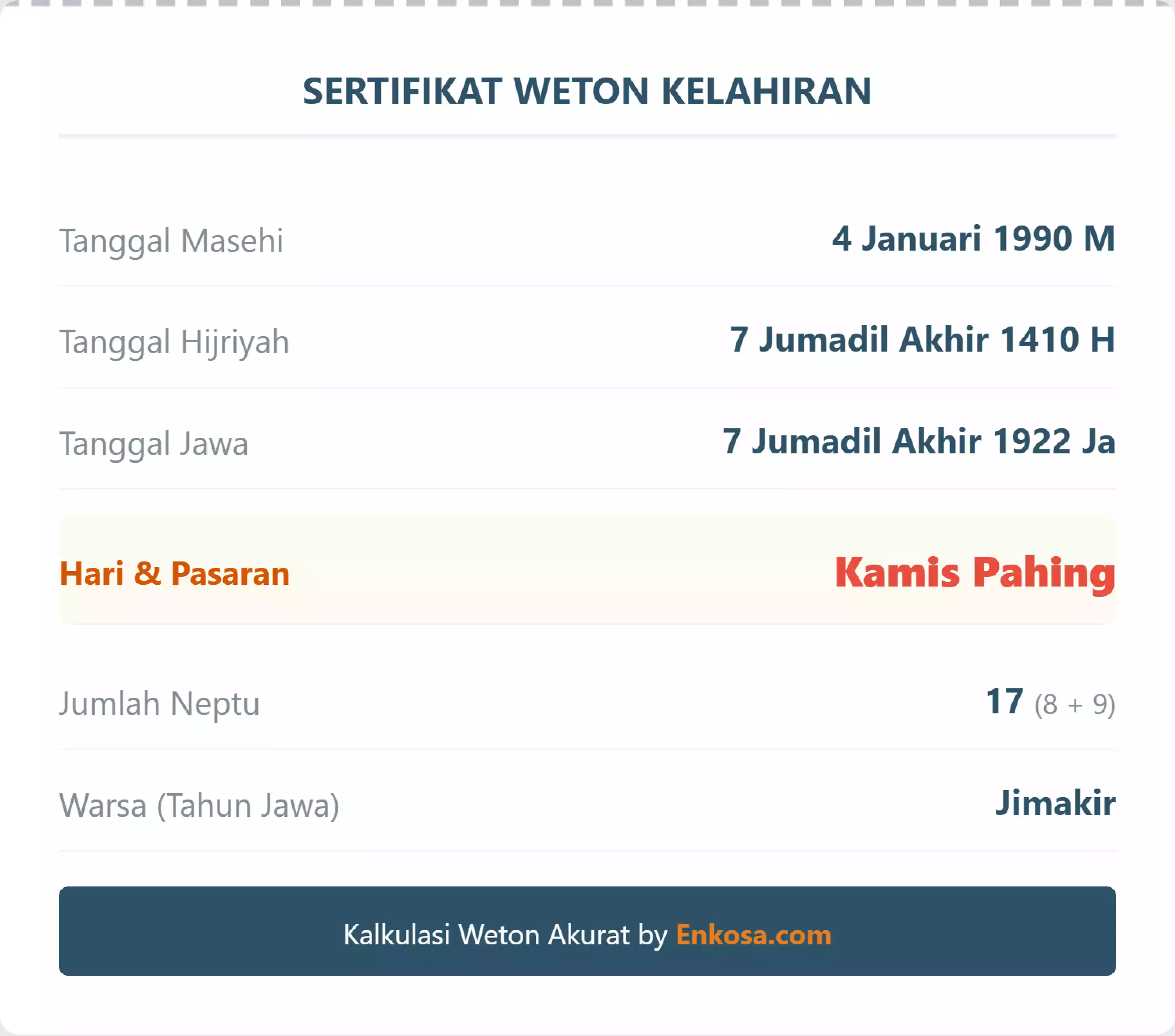 Weton Lahir 4 Januari 1990 Menurut Kalender Jawa Weton Lahir 4 Januari 1990 Menurut Kalender Jawa