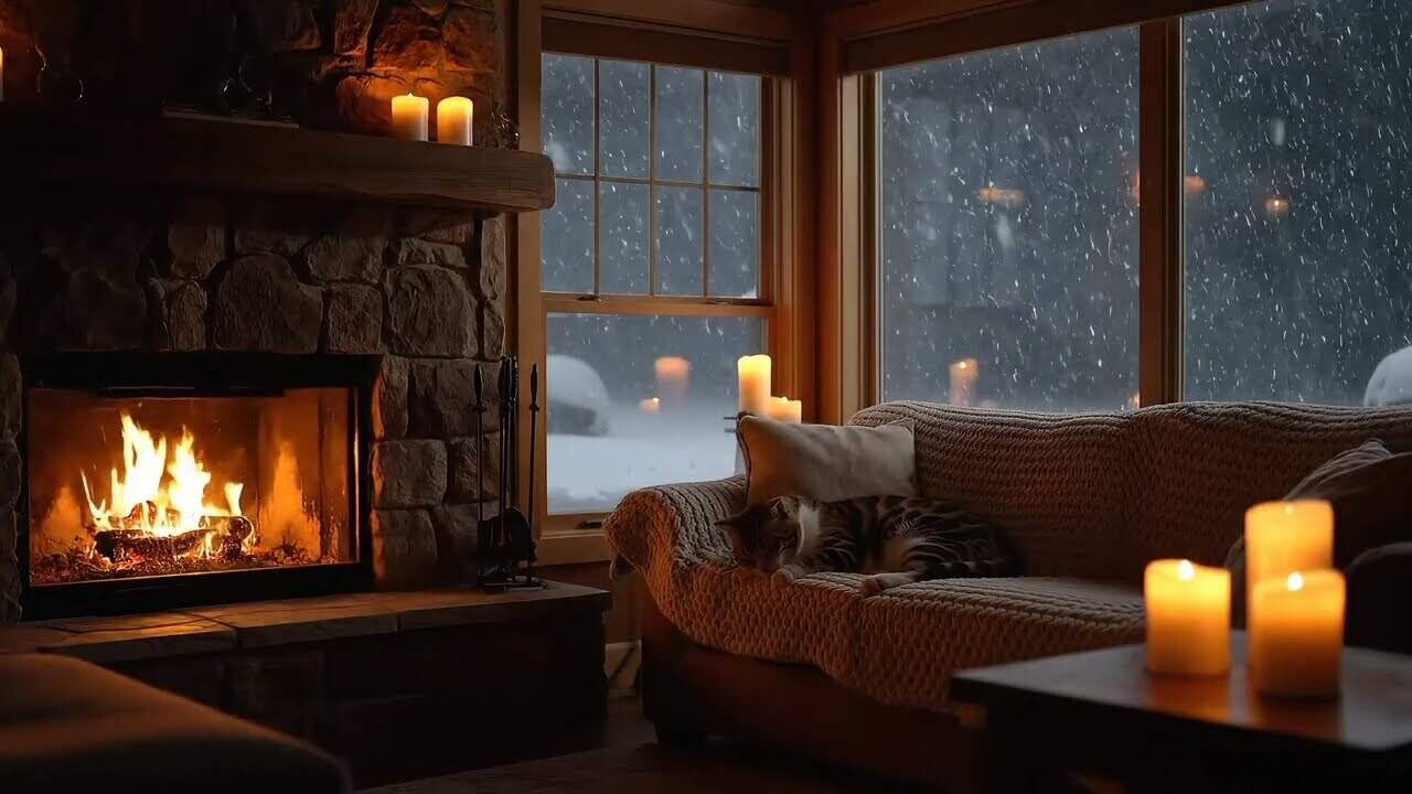 Winter Snowfall Ambience With Crackling Fireplace, Candles & Cat In Cozy Family Room āļø š„šÆļøš±